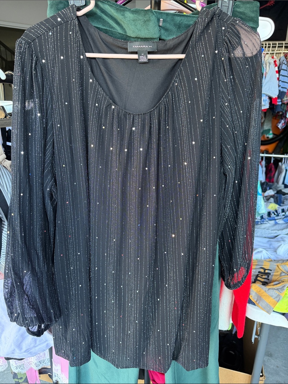 Tamara M. Black Sheer Long Sleeve Top with Subtle Sparkle